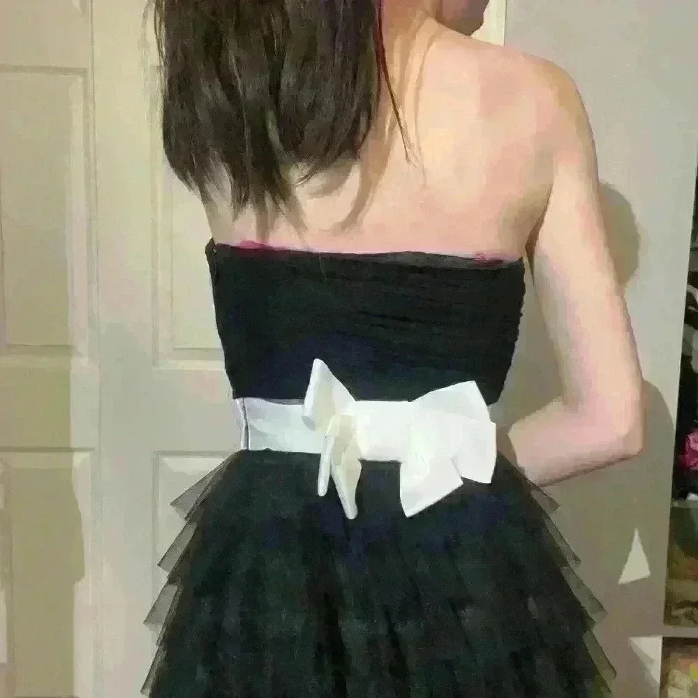 Vintage Betsey Johnson Black Strapless Corset Dress Tulle Ruffle Mesh Bow Size 0